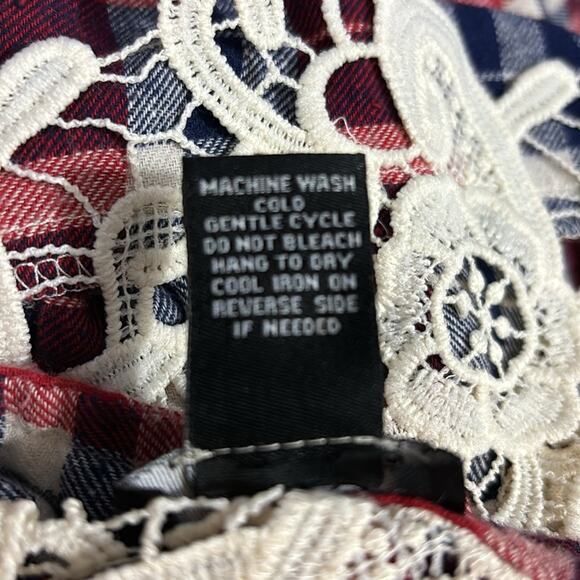 Rue21 Western Plaid Lace Long Sleeve Button Down Top M Costal Cowgirl Boho Chic - Picture 8 of 8